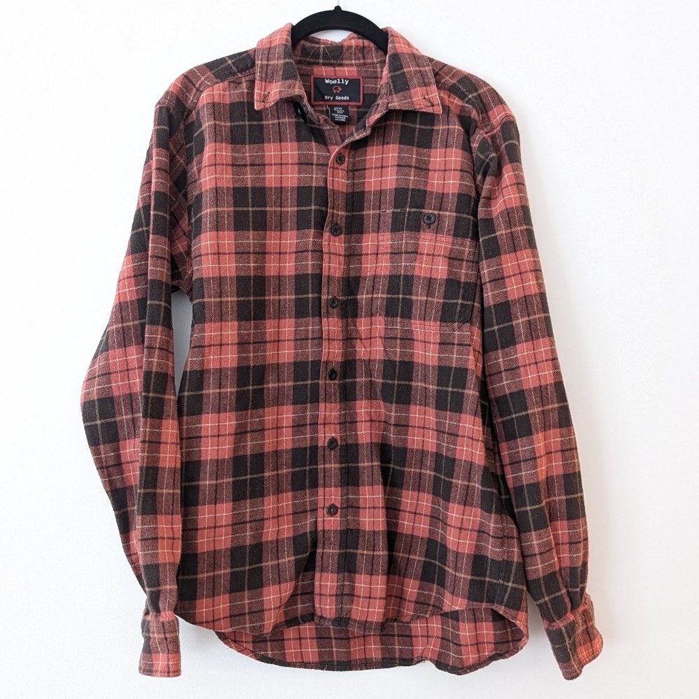 Woolly Mens Flannel Vintage Plaid button down Brown/ Burnt Orange Cotton/Wool M